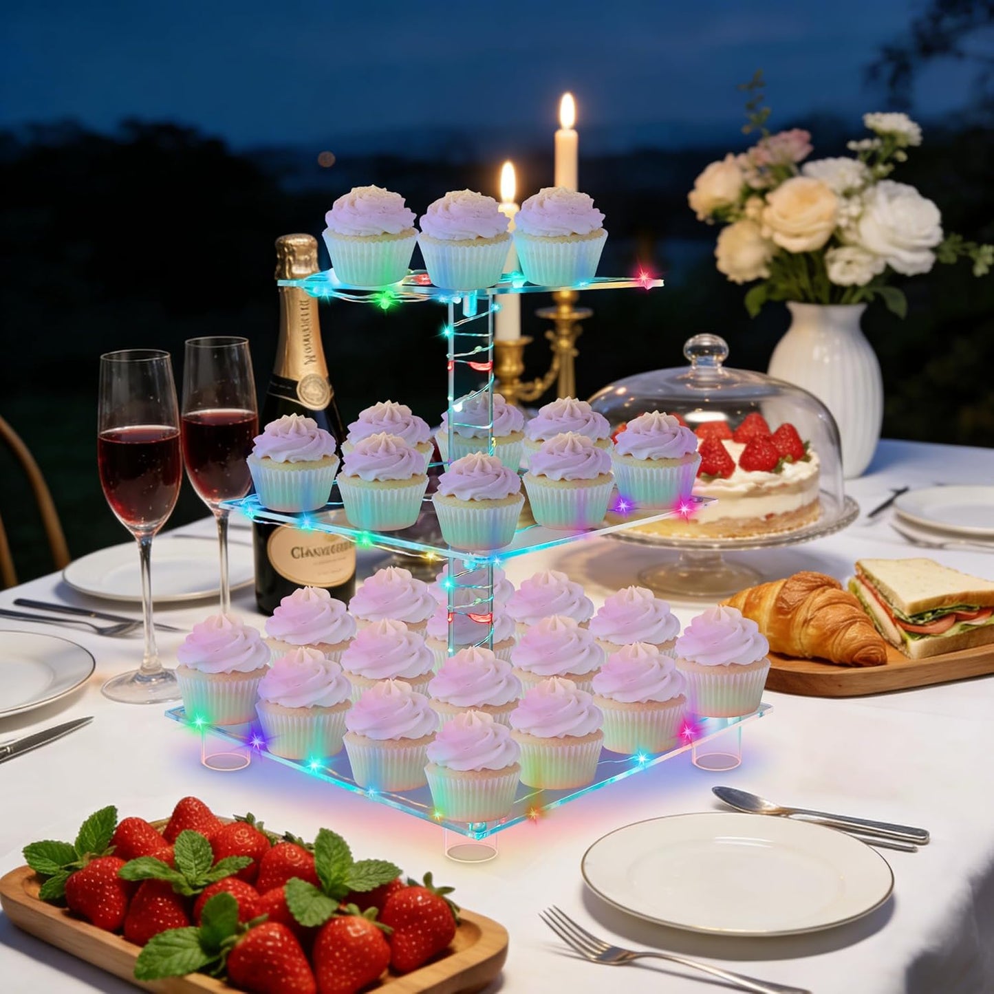 YestBuy Cupcake Stand with Yellow Led Lights, 4 Tier Cupcake Stand for 50 Cupcakes, Acrylic Cupcake Tower Stand, Clear Tiered Cupcake Holder for Birthday Cady Bar Décor Weddings, Parties Events