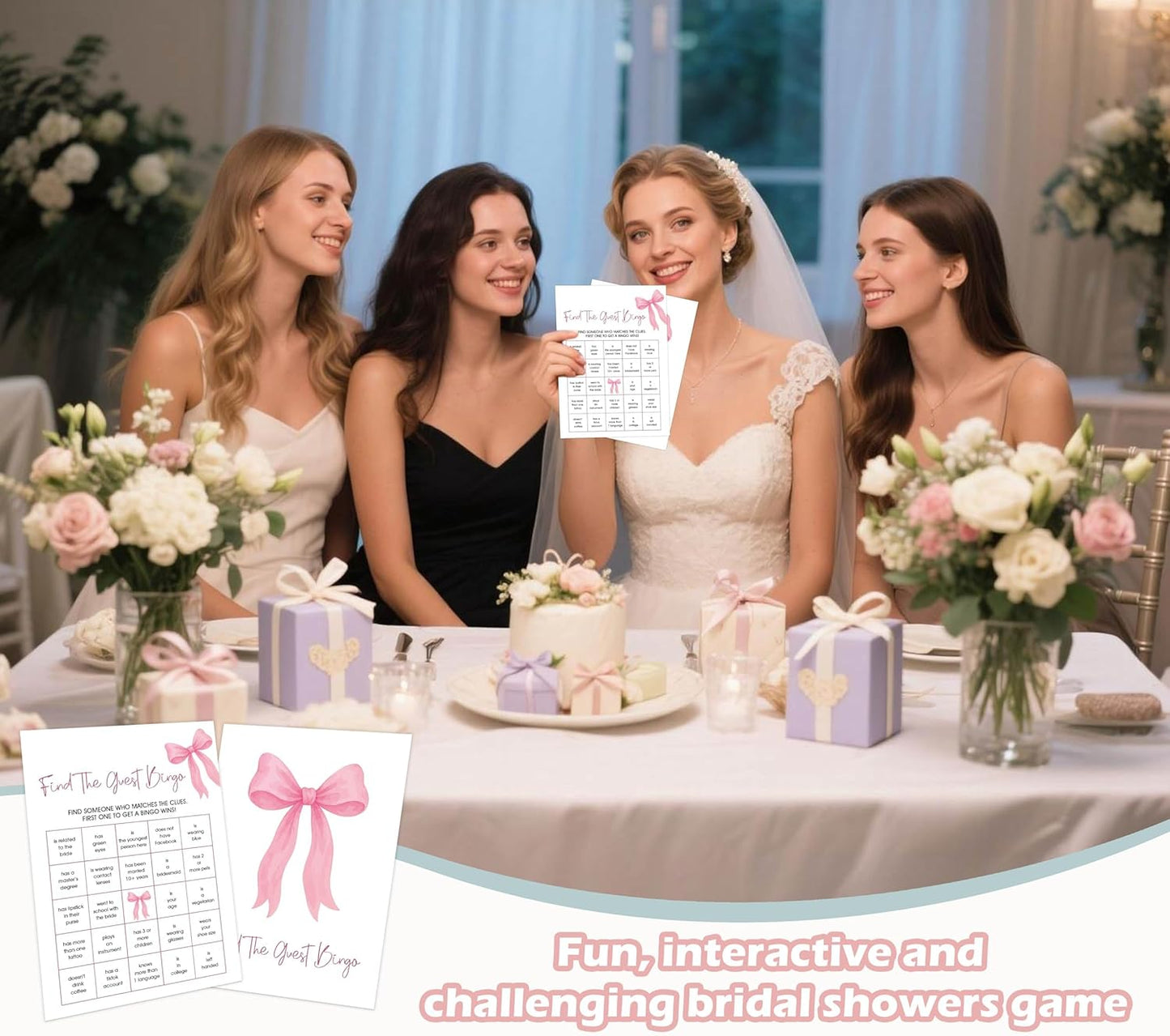 Pink Bow Bridal Shower Bingo Game with Blank Squares, Pack of 30 Game Cards, Bridal Shower Decorations, Wedding Engagement Decor, Bachelorette Party Supplies - KR05