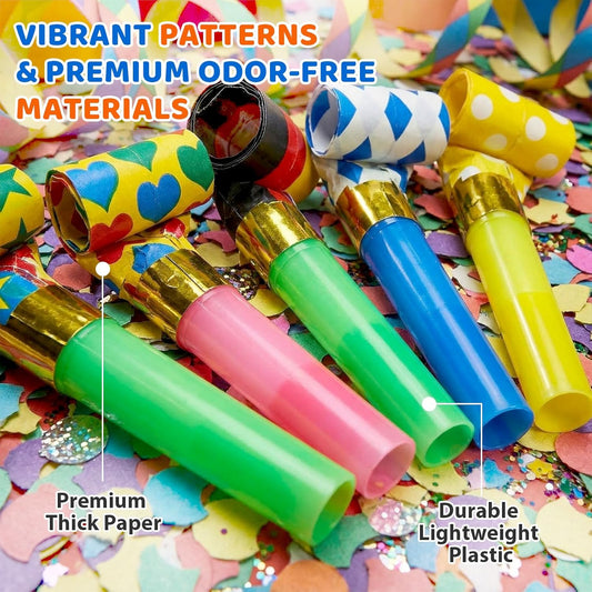 Koogel 100Pcs Party Blowers Bulk for Party Favors, Colorful Noisemakers & Blowouts with Assorted Patterns, Fun Goodie Bag Stuffers Whistles Horns for Kids & Adults, Classroom Prize Graduation Carnival