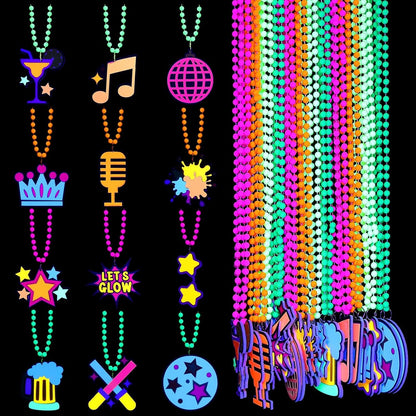 24 Pcs Glow in The Dark Beads Necklaces with Pendants, Neon Glow in The Dark Party Supplies, 33" Colorful UV Black Light Beads Necklace Glowing Photo Props for Neon Night Birthday Party Accessories