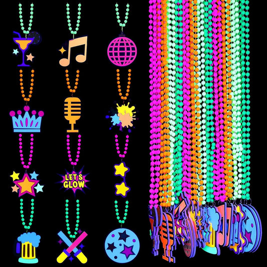24 Pcs Glow in The Dark Beads Necklaces with Pendants, Neon Glow in The Dark Party Supplies, 33" Colorful UV Black Light Beads Necklace Glowing Photo Props for Neon Night Birthday Party Accessories