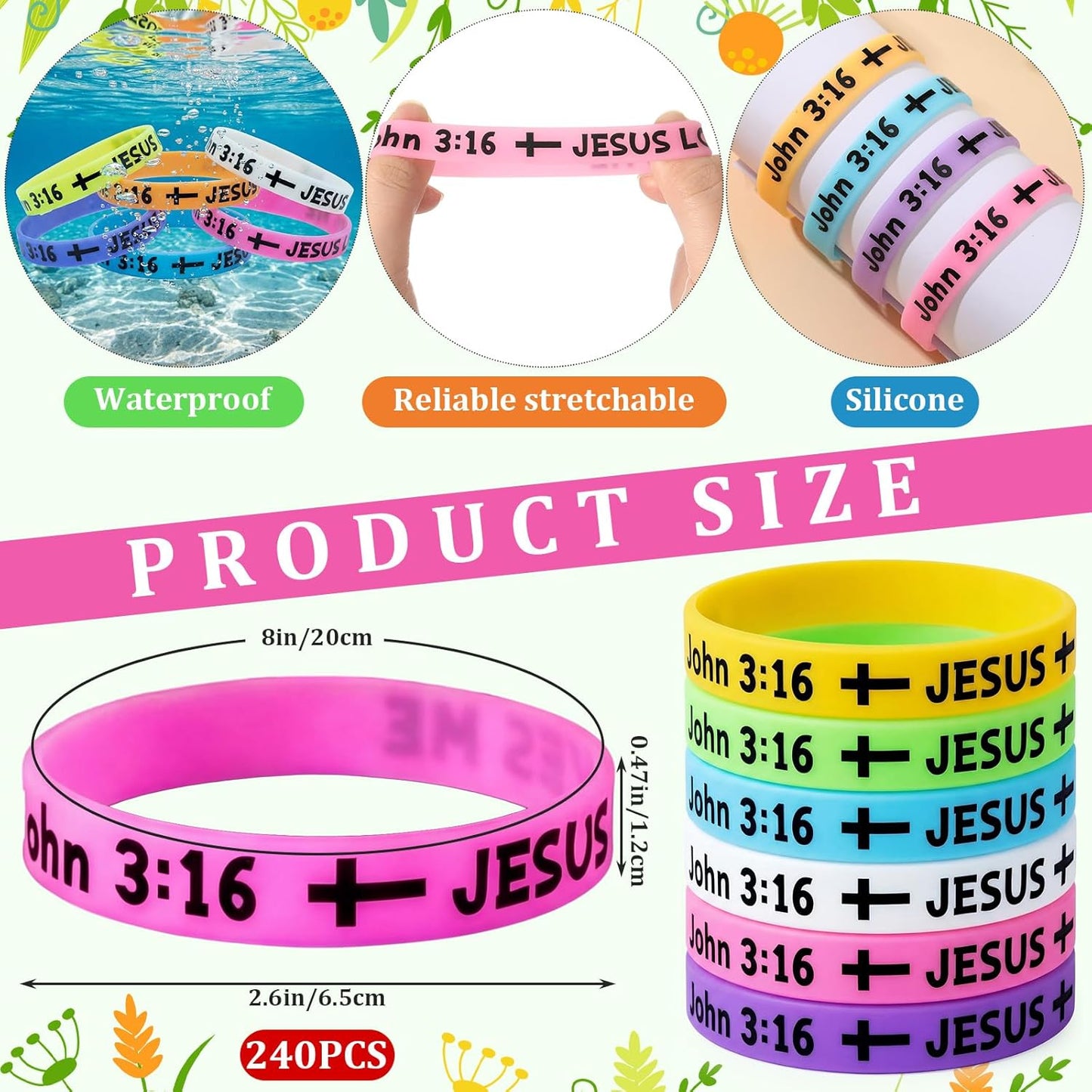 Tondiamo 60 Pcs Vbs 2026 Glow in The Dark 8'' Christian Wristbands Bulk, John 3:16 Bible Verse Luminous Bracelet with Scripture Words Christian Gift for Missionaries Religious Church (Stylish)