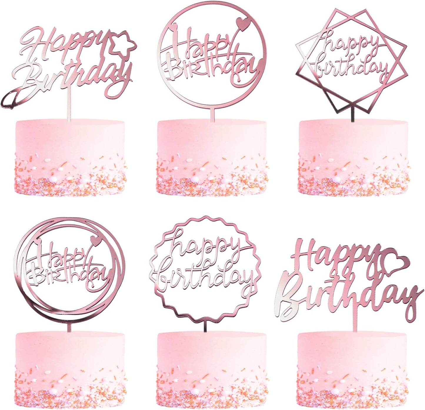6-Pack Gold Cake Topper Set, Double-Sided Glitter, Acrylic Happy Birthday Cupcake Toppers, Birthday Decorations for Children or Adults.