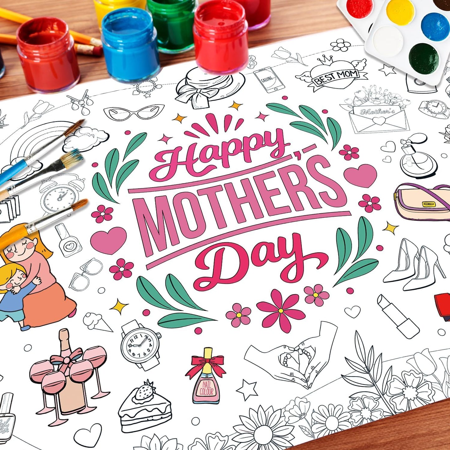 43.3x31.5 Summer Coloring Poster with Picture, Giant Cute Painting Poster, Large Coloring Tablecloth for Classroom Home Birthday Party Supplies Favor
