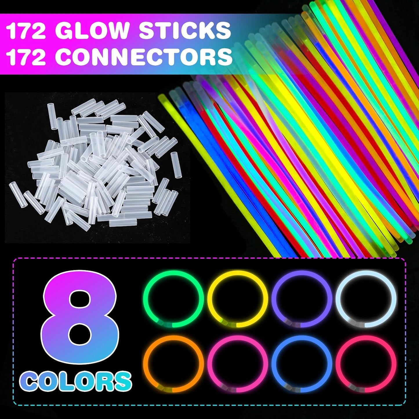 YixangDD 86 PCS Ultra Bright Glow Sticks, 8 Inch Glow Sticks Bulk Party Pack, Light Up Sticks for Glow Bracelets, Necklaces, Concerts, Christmas, Party Supplies with 86 Connectors