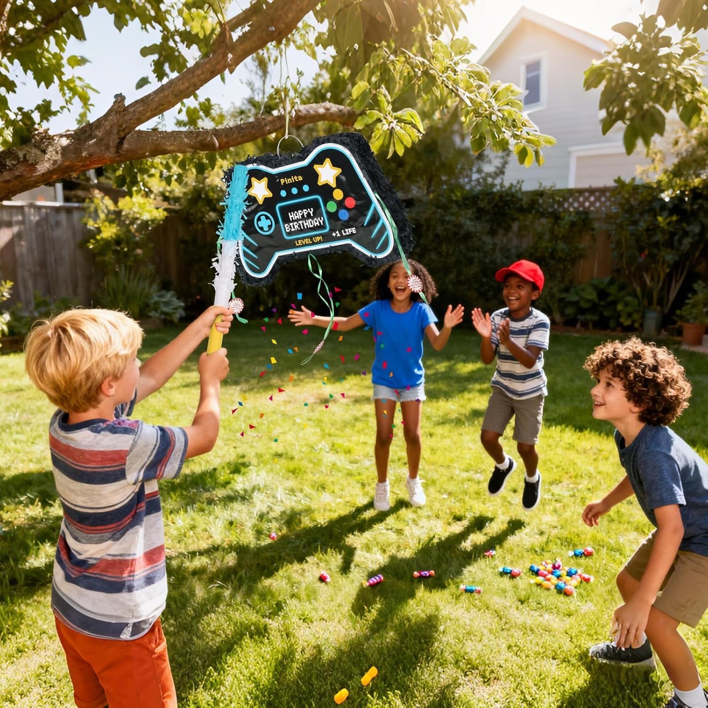 Video Game Piñata, Party Supplies Piñata with Blindfold and Bat Gaming Theme Piñatas for Kids Birthday Party Decorations (Blue)