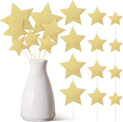 Reallnaive 42 Pcs Gold Star Centerpieces Sticks Twinkle Glitter Star Table Flower Centerpiece Sticks Golden Cake Toppers for Back to School Wedding Engagement Bridal Baby Shower Party Decorations