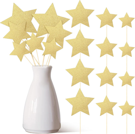 Reallnaive 42 Pcs Gold Star Centerpieces Sticks Twinkle Glitter Star Table Flower Centerpiece Sticks Golden Cake Toppers for Back to School Wedding Engagement Bridal Baby Shower Party Decorations