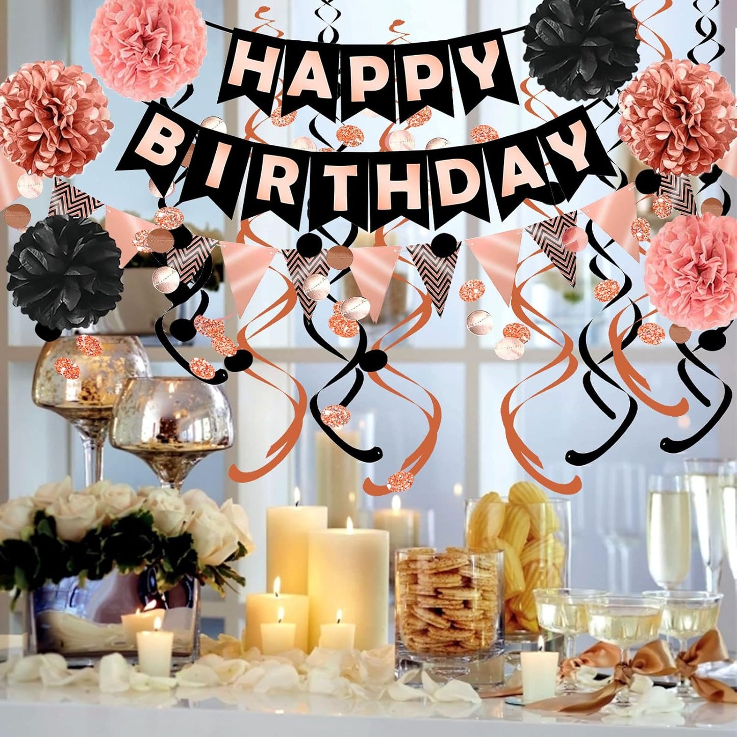 Fecedy Happy Birthday Banner With Colorful Paper Flag Bunting Paper Circle Confetti Garland Swirl Streamers Honeycomb ball for Birthday Party Decorations
