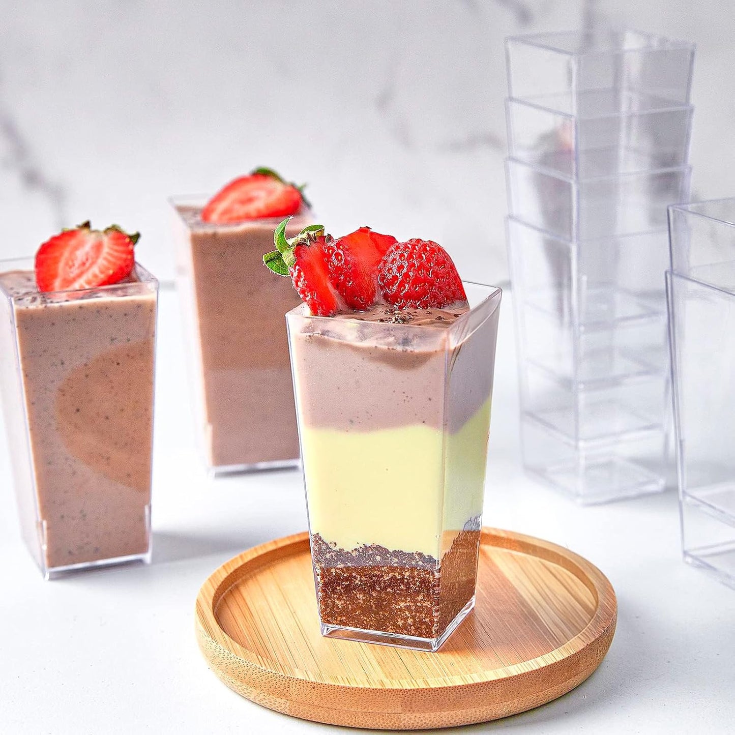 TOFLEN 50 Pack 3 oz Square Mini Dessert Cups with Spoons Clear Plastic Dessert Shooter Cups for for Party, Yogurt, Parfait, Cheesecake, Pudding, Jello and Appetizers