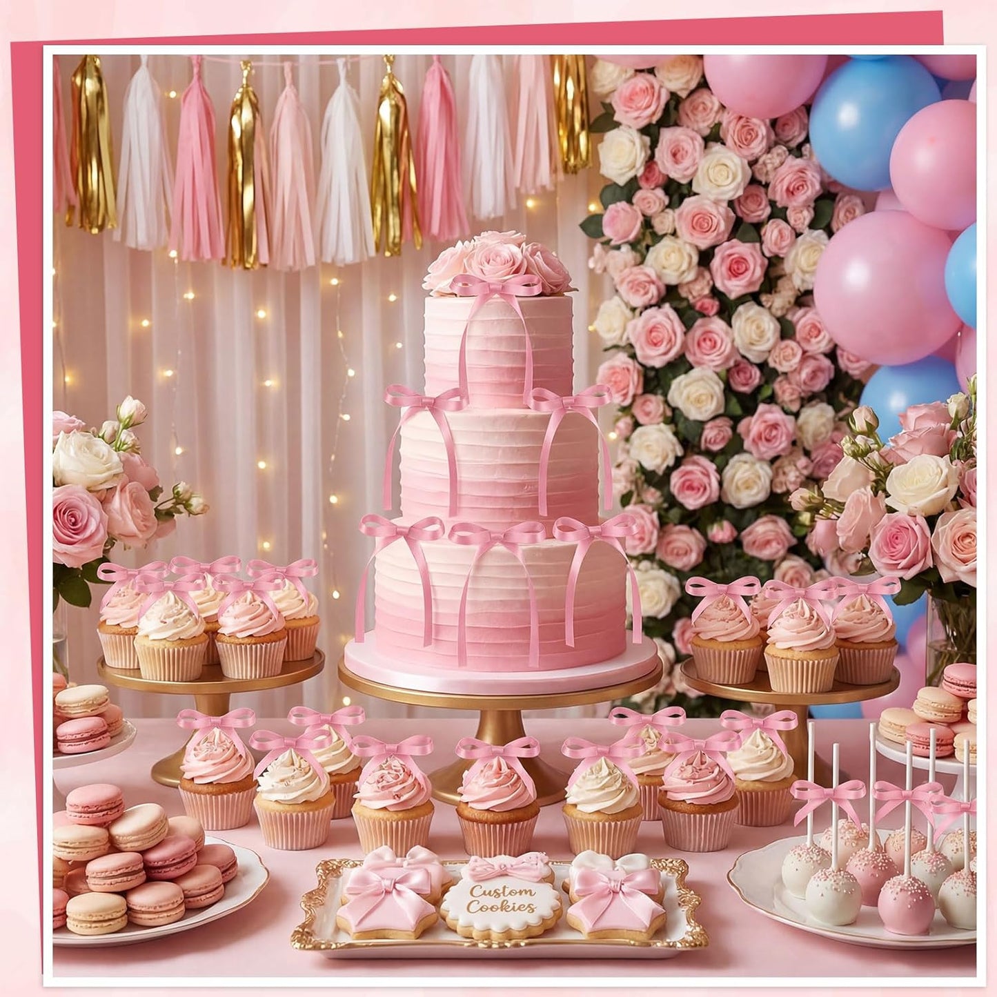 30 Pack Bow Cake Toppers Pink Ribbons Bows for Cake Coquette Themed Bow Cupcake Toppers Pink Bow Birthday Decorations for Baby Shower, Birthday, Wedding, Bachelorette, Mothers Day Decorations