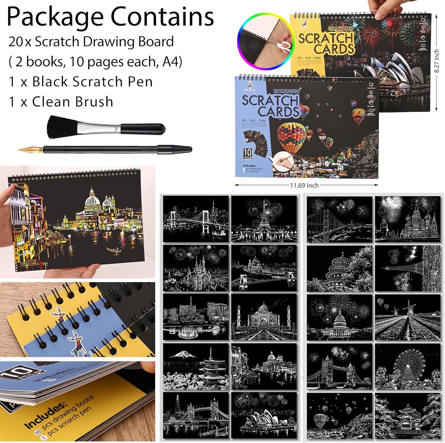 Scratch Art Book(A4-10Page) for Adults & Teens – ASMR Stress-Relieving Scratch Off Art | Paint by Scratch Kit Set | Travel Landmarks & Engraving Art | Creative Gift for Adults (Colorful City Series B)