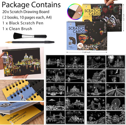Scratch Art Book(A4-10Page) for Adults & Teens – ASMR Stress-Relieving Scratch Off Art | Paint by Scratch Kit Set | Travel Landmarks & Engraving Art | Creative Gift for Adults (Colorful City Series B)