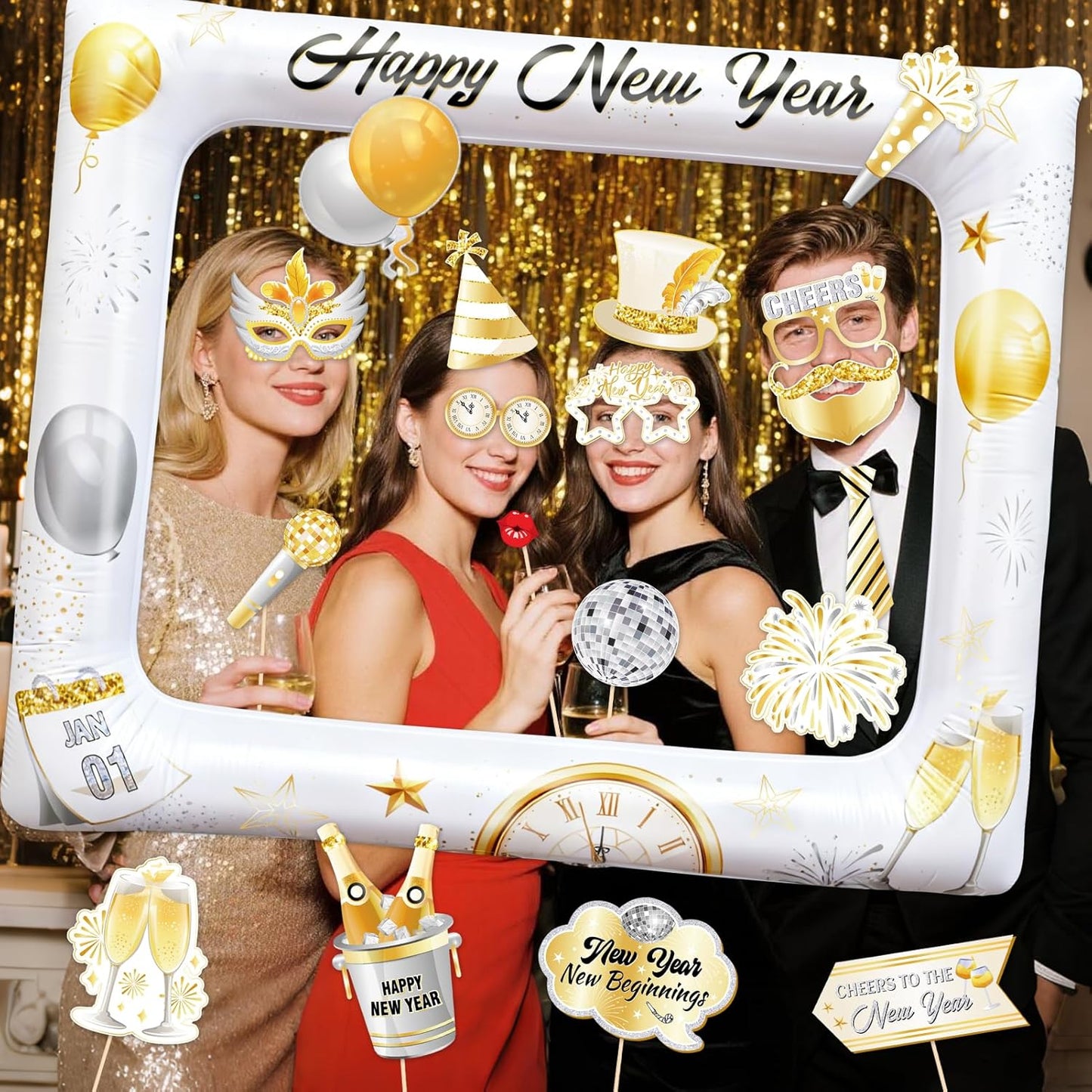 HOWAF 29PCS White Gold Happy New Year Photo Booth Props with Photo Frame,2026 New Year Decoration Selfie Props, Gold Glitter Photos Prop Kit for NYE Party, 2026 NYE Cheers Selfie Prop Kit