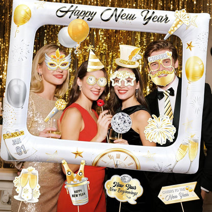 HOWAF 29PCS White Gold Happy New Year Photo Booth Props with Photo Frame,2026 New Year Decoration Selfie Props, Gold Glitter Photos Prop Kit for NYE Party, 2026 NYE Cheers Selfie Prop Kit