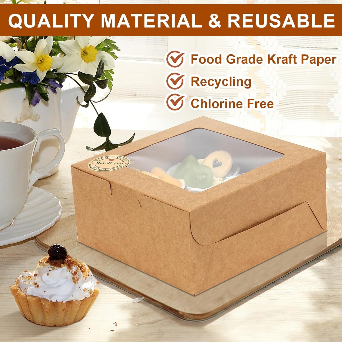 OAMCEG 50 PCS Cupcake Boxes with Window, 6x6x3 Inch Cookie Boxes, Bakery Treat Boxes for Pastry, Dessert, Chocolate Strawberries, Cupcake Containers, Gift Giving with Stickers & Twine （Brown）