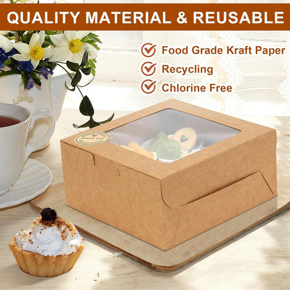 OAMCEG 50 PCS Cupcake Boxes with Window, 6x6x3 Inch Cookie Boxes, Bakery Treat Boxes for Pastry, Dessert, Chocolate Strawberries, Cupcake Containers, Gift Giving with Stickers & Twine （Brown）