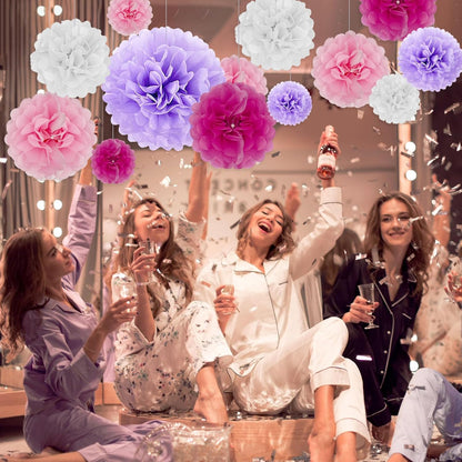 Tissue Paper Pom Poms, Pink Tissue Paper Flowers, Hanging Flower Balls for Weddings Fiesta Parties Birthday Baby Showers Classroom Bridal Shower Decoration (18Piece Set-6/10/12/14Inch)