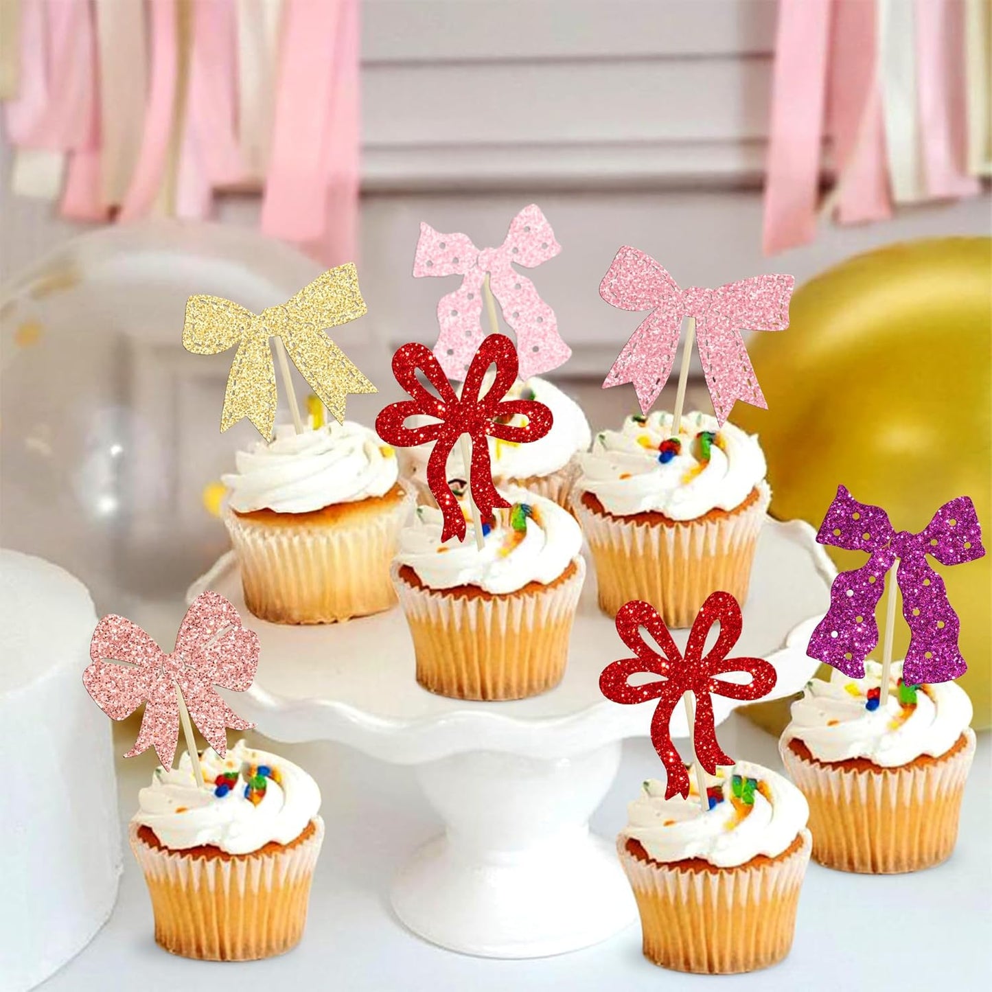 Ephlyn 24Pcs Pink Bow Cupcake Toppers Bow Birthday Cake Topper Girls Birthday Party Decorations Bowknot Cupcake Decorations for Bridal Wedding Themed Party Multi