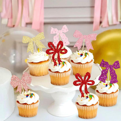 Ephlyn 24Pcs Pink Bow Cupcake Toppers Bow Birthday Cake Topper Girls Birthday Party Decorations Bowknot Cupcake Decorations for Bridal Wedding Themed Party Multi