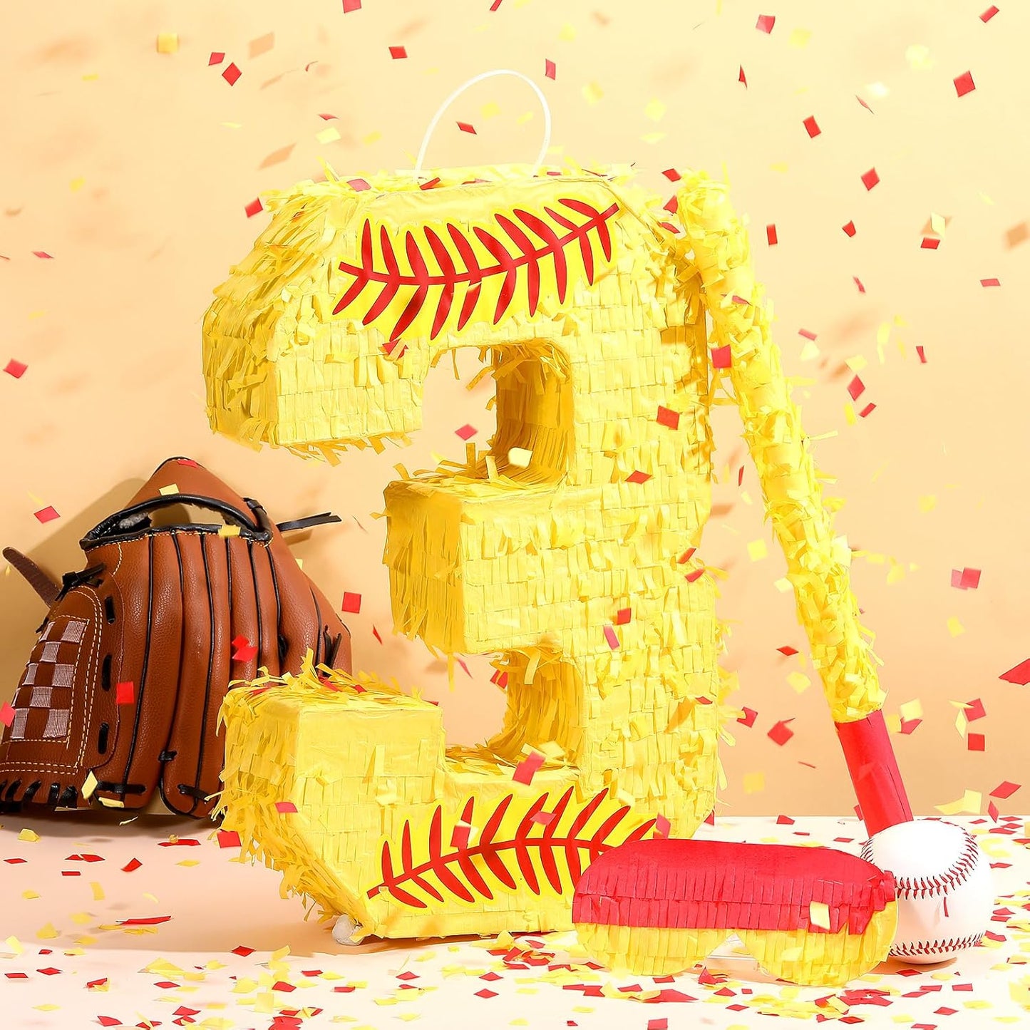 Soulchen Softball Number Piñata Set 16 Inch Yellow Softball Piñata with Blindfold Bat Confetti for Ball Sports Themed Birthday School Party Supplies Outdoor Game Decoration(Number 5)