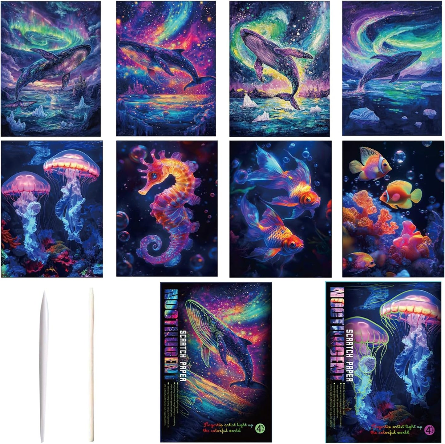 Georgie Porgy Scratch Paper Art Set for Kids Adults Magic Rainbow Scratchboards for DIY Arts and Crafts Kits Christmas Birthday Gift with Scratching Tools Kit (A4-Noctilucent Whale + Sea World)