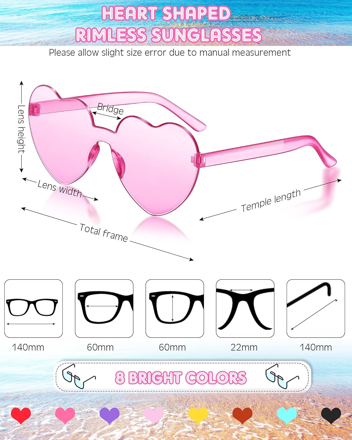 Frienda 8 Pairs Heart Shaped Sunglasses for Women Rimless Heart Glasses Candy Color Sunglasses for Party Favor