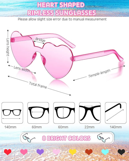 Frienda 8 Pairs Heart Shaped Sunglasses for Women Rimless Heart Glasses Candy Color Sunglasses for Party Favor