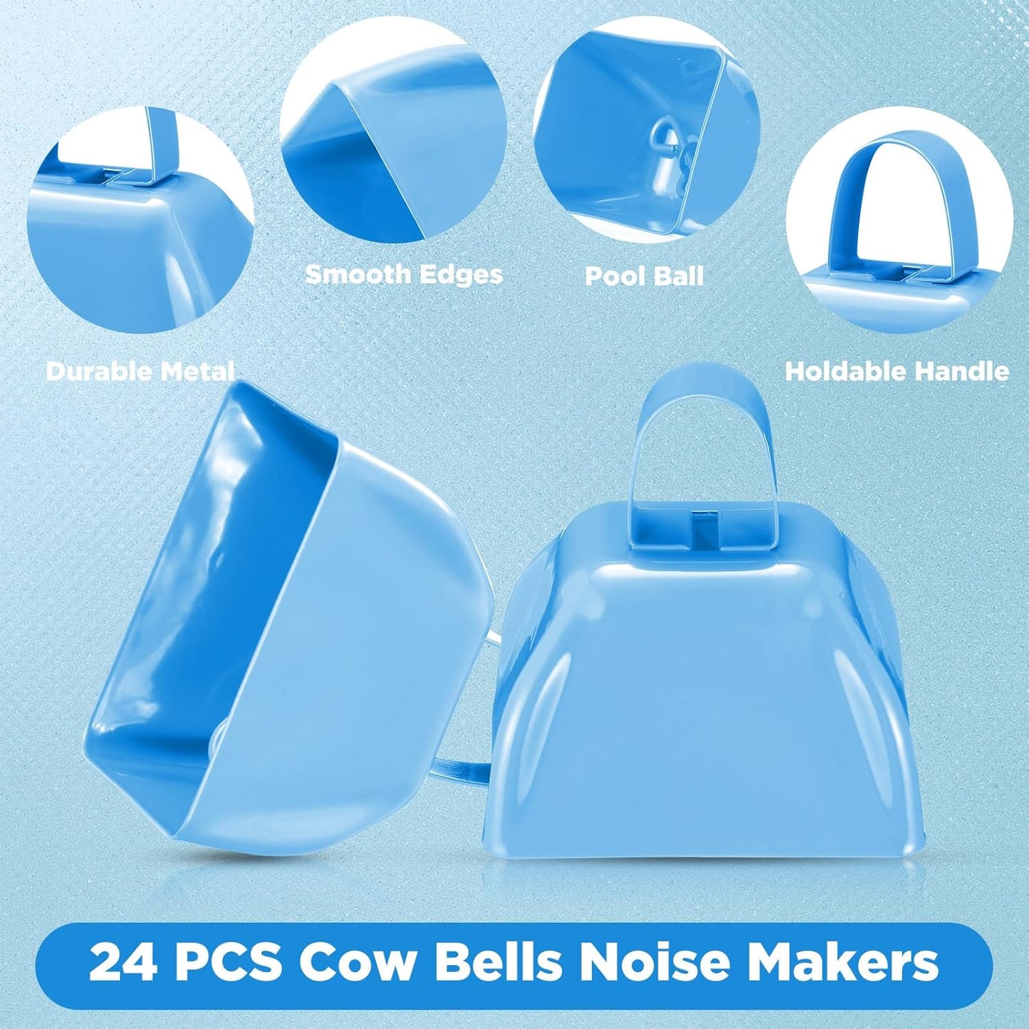 Zhengmy 24 Pcs Metal Cowbells Noisemakers with Handles, Cow Bells Noise Makers for Sporting Events 3 Inch Bulk Cheering for Football Baseball Games Team Wedding Celebrations(Blue)