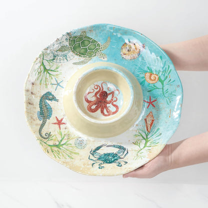 UPware Sea Life Melamine Chip and Dip Serving Tray, Round Serving Platter for Chips, Salsa, Fruit, and Snacks, Multicolor, 13.5 Inch