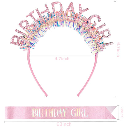 COCIDE Birthday Girl Headband & Sash - Birthday Crown for Women & Girls Pink Glitter Letter Tiara Birth Day Decorations Accessories Gift for Her (A1 Pink)
