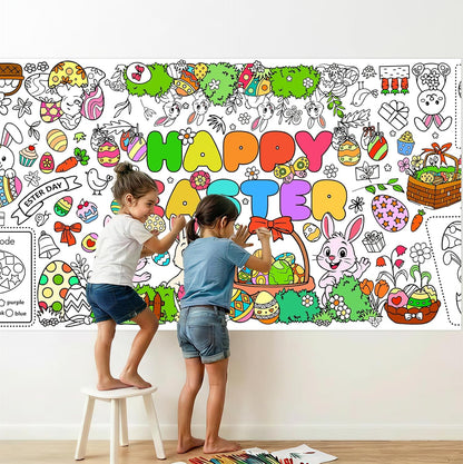 Kids Coloring Tablecloth, Easter Bunny Egg Chick Theme Paper Coloring Poster, 31 x 72 Inch Spring Holiday Coloring Activity Party Table Cover
