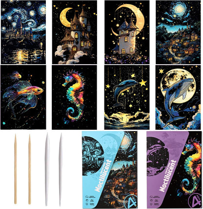 Georgie Porgy Scratch Paper Art Set for Kids Adults Magic Rainbow Scratchboards for DIY Arts and Crafts Kits Christmas Birthday Gift with Scratching Tools Kit (A4-Noctilucent Whale + Sea World)