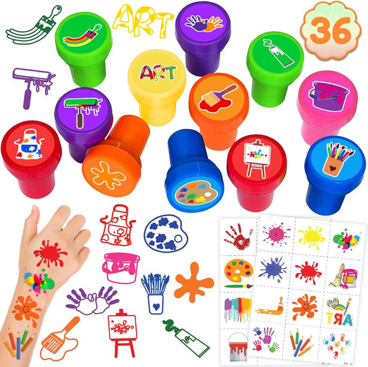 36PCS Art Party Favors - 24PCS Temporary Tattoos & 12PCS Stamps - Ideal Painting Paint Artist Themed Birthday Card Decorations Supplies Goodie Bag Cute Rewards for Boys Girls Classroom Gifts