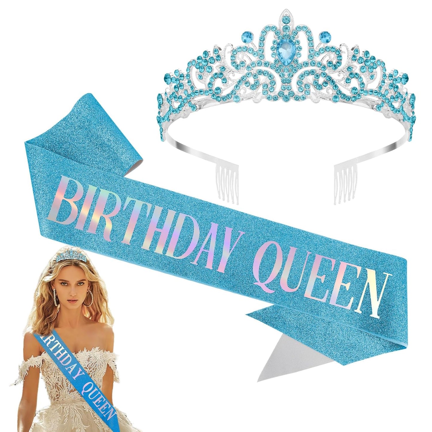 Birthday Sash for Women,Birthday Crown Tiaras for Women,Gold Rhinestone Queen Sash and Crown Tiara Headband for Party Decorations