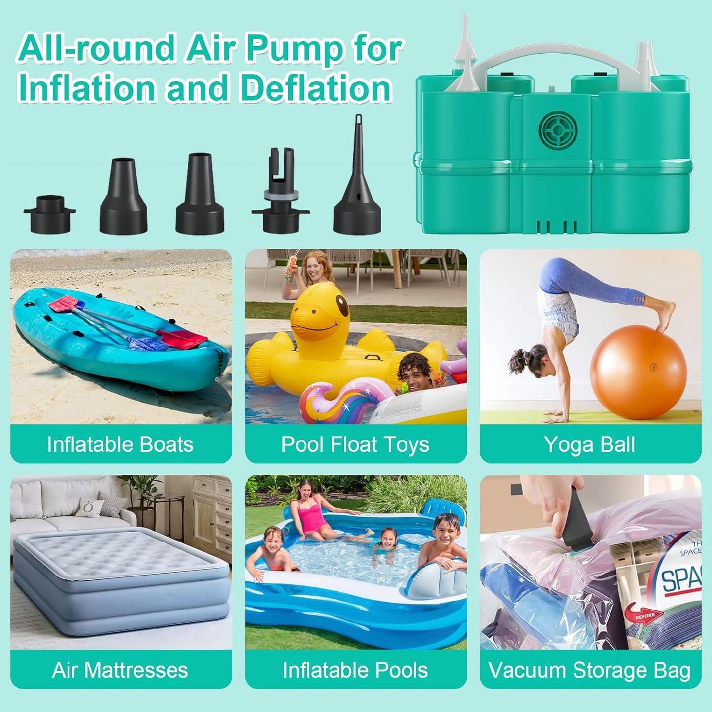 Electric Balloon Pump, Dagelar 3-in-1 Air Pump for Inflatables and Balloons, Portable Balloon Pump for Latex 260Q Long Foil Balloons, 110V Dual Nozzle Inflator Deflator for Pool Floats Air Beds (Teal)