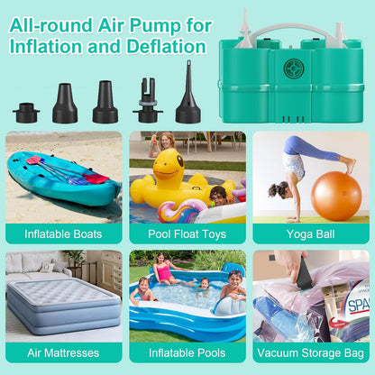 Electric Balloon Pump, Dagelar 3-in-1 Air Pump for Inflatables and Balloons, Portable Balloon Pump for Latex 260Q Long Foil Balloons, 110V Dual Nozzle Inflator Deflator for Pool Floats Air Beds (Teal)