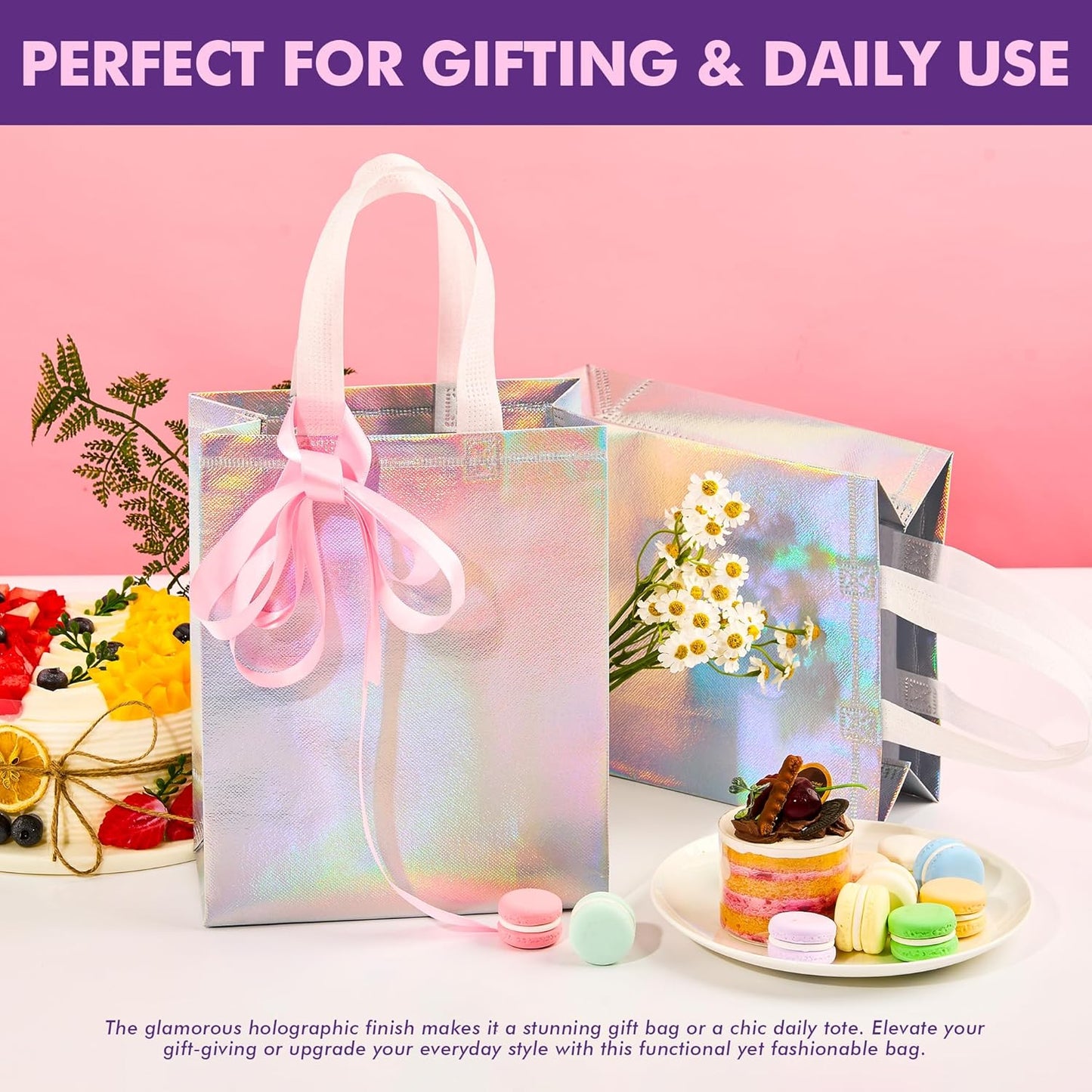 PACKINNO 15 Pcs Iridescent Gift Bags with Handles, 8x4x10 Inch Holographic Reusable Gift Bags Medium Size, Ideal for Birthday, Christmas, Party Favors, Wedding, Holidays, Valentines