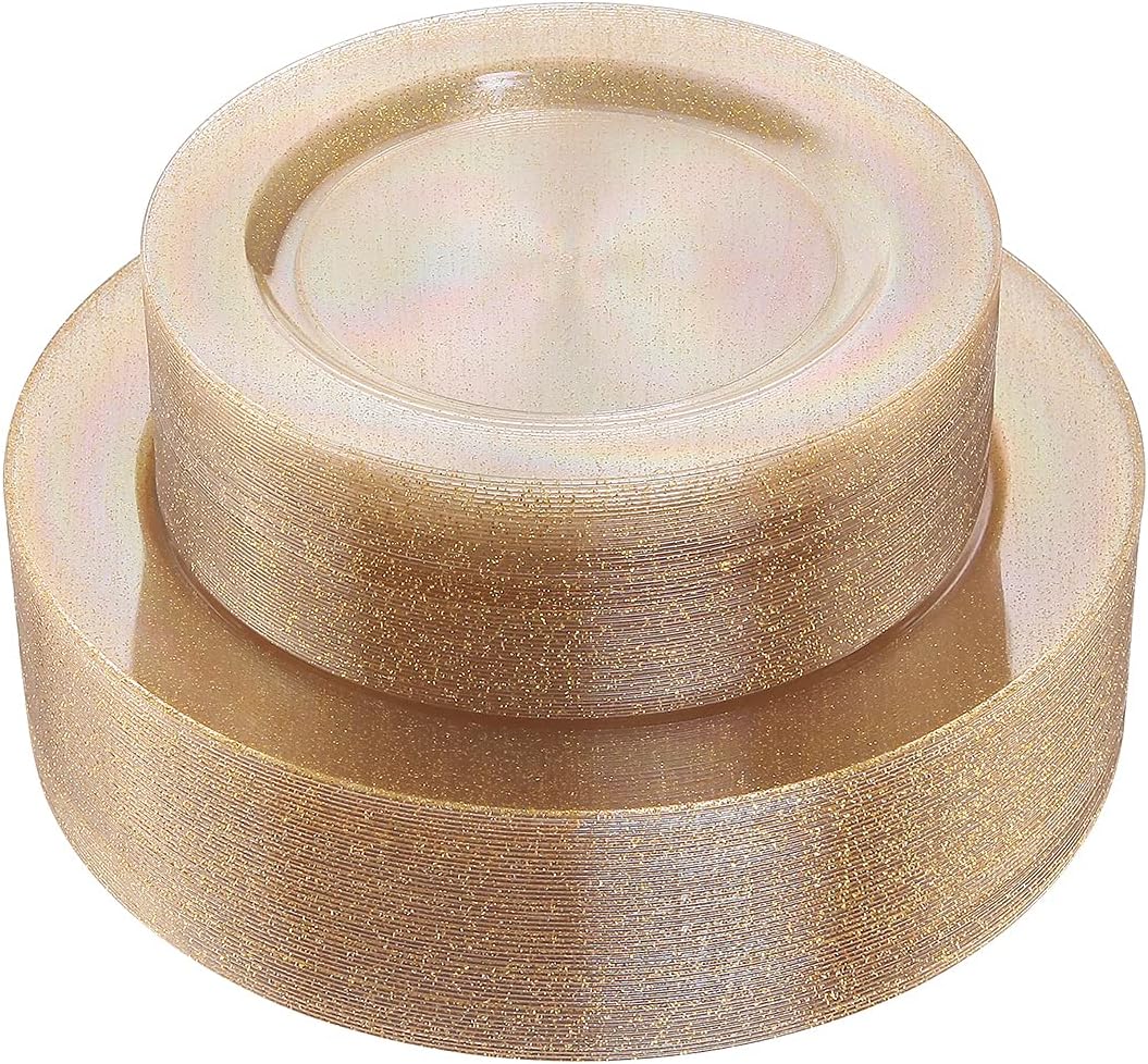 I00000 102 Pieces Gold Plastic Plates, Disposable Party Plates White Gold Rim, 51 Disposable Gold Dinner Plates 10.25 Inch and 51 Disposable Dessert Appetizer Elegant Fancy Wedding Plates 7.5 Inch