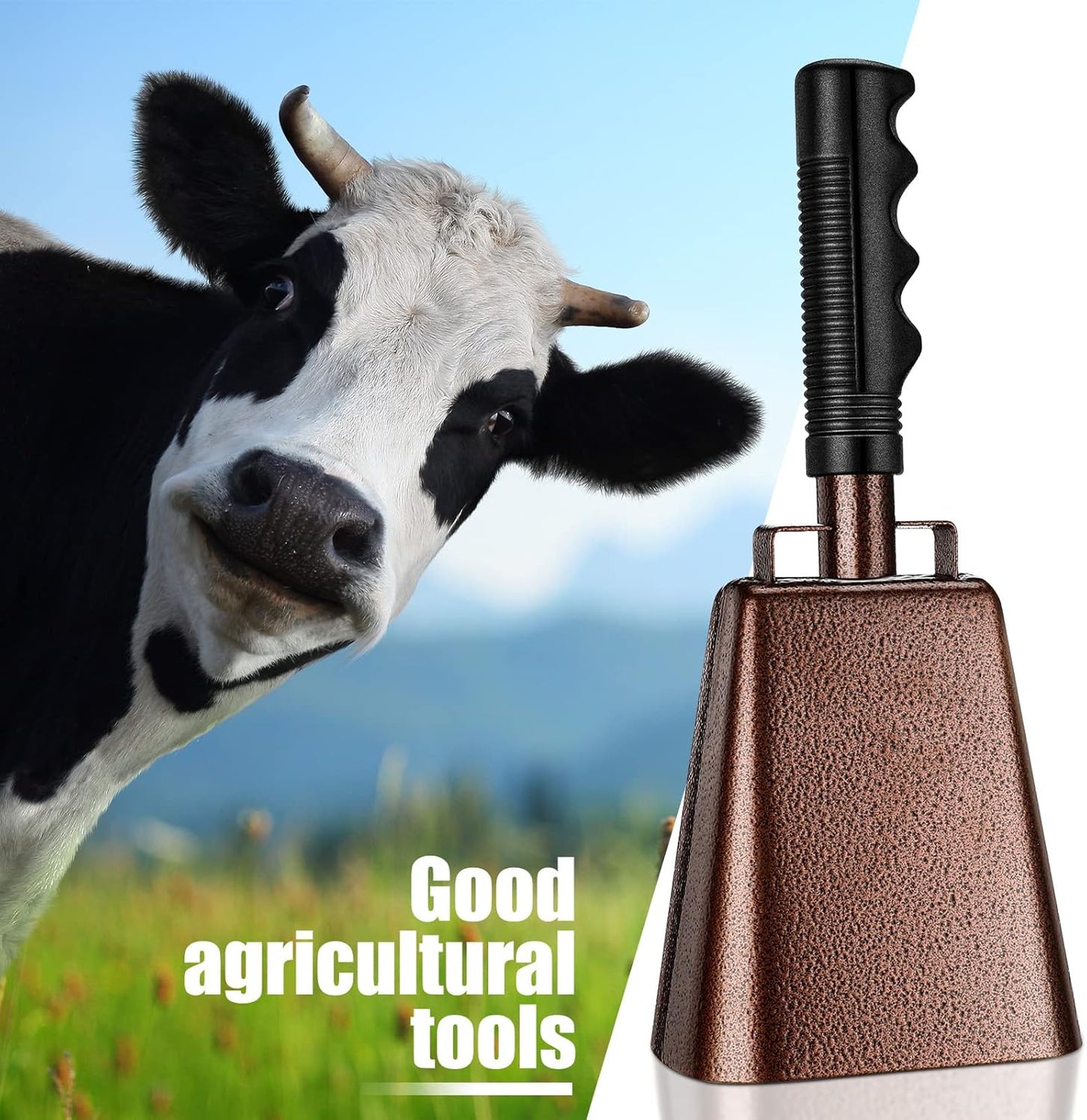 Nuanchu 10 Inch Cowbell Noise Makers for Sport Event Steel Cowbell with Handle and 2 Pcs Wooden Spinning Rattle Ratchet Matraca Cheer Bell Alarm for Football Game Musical Percussion Instruments(Brown)