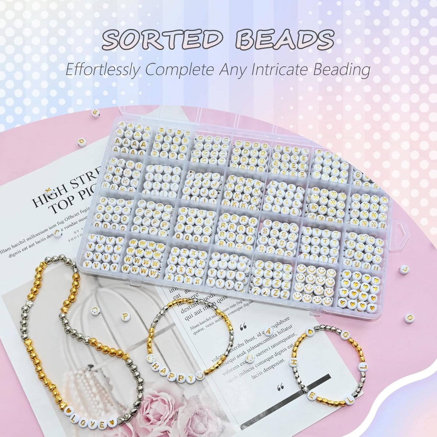 Amaney 1400pcs Glow Letter Beads, Heart Beads Whit Elastic Beading Cord,4x7mm Round Acrylic Alphabet Beads for Friend Bracelet Jewelry Making