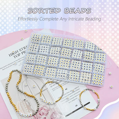 Amaney 1400pcs Glow Letter Beads, Heart Beads Whit Elastic Beading Cord,4x7mm Round Acrylic Alphabet Beads for Friend Bracelet Jewelry Making