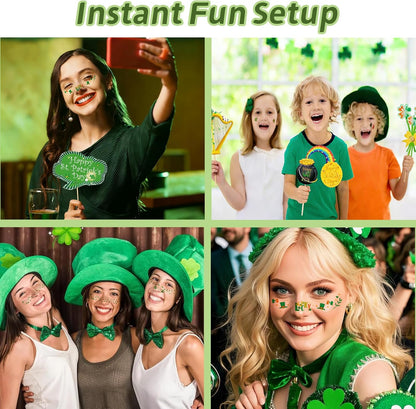 47 PCS St Patrick's Day Photo Booth Props Kit - Funny Couple Handheld Frames & Selfie Decorations for Party (34 Props, 12 Tattoos & Handheld Frame