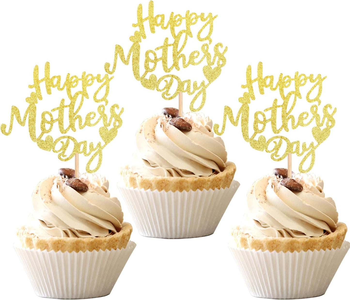 24 PCS Happy Mother's Day Cupcake Toppers with Glitter Heart Love Mother Best Mom Cupcake Picks for Happy Mother's Day Theme Women Birthday Party Cake Decorations Supplies Rose Gold