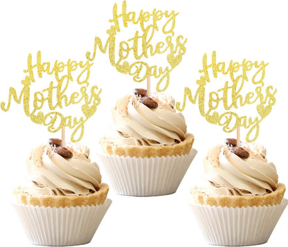 24 PCS Happy Mother's Day Cupcake Toppers with Glitter Heart Love Mother Best Mom Cupcake Picks for Happy Mother's Day Theme Women Birthday Party Cake Decorations Supplies Rose Gold