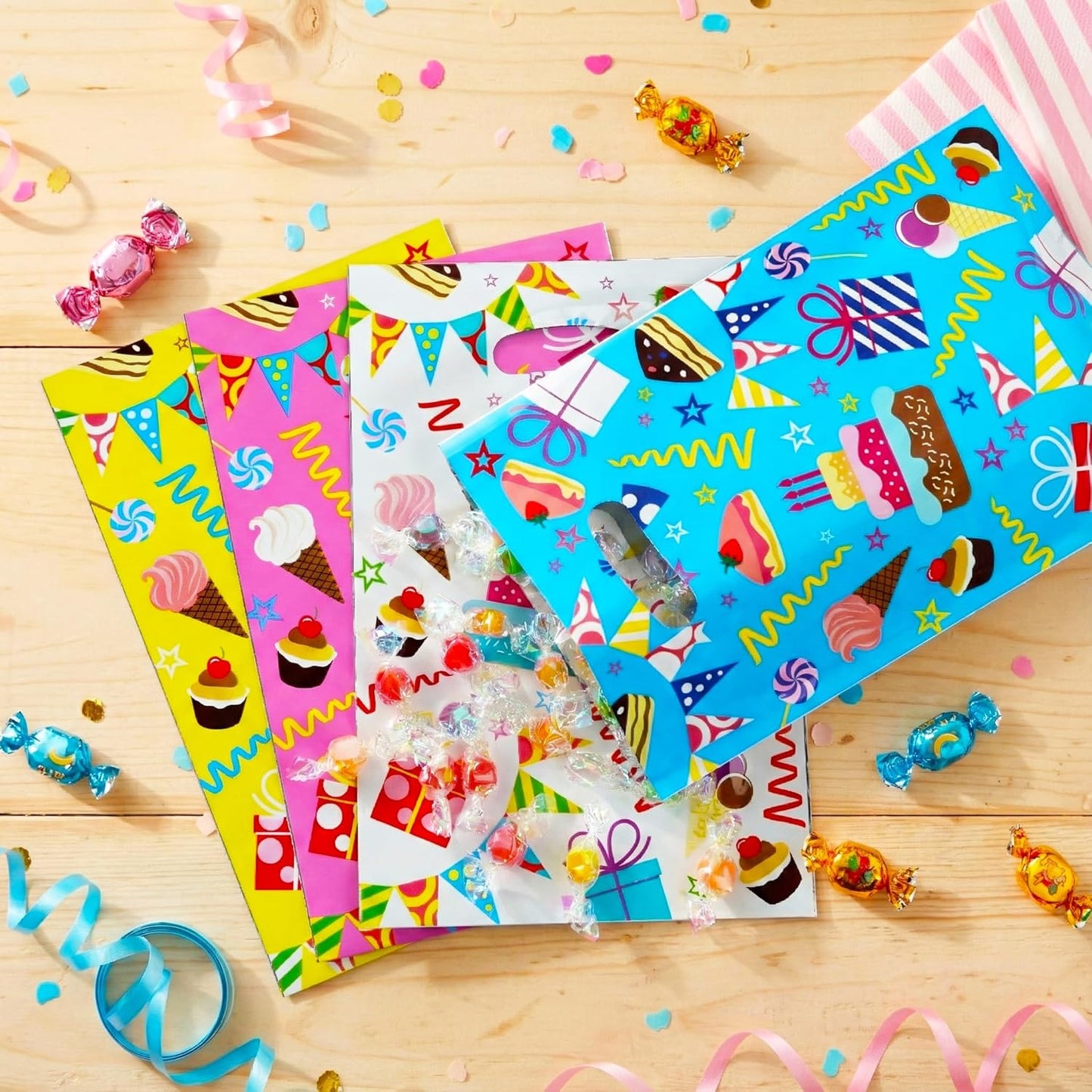 SUNCOLOR Birthday Party Favor Bags, 32 Pack Goodie Bags with Handles, 9.8 x6.7 inches, Pink Blue Yellow White Gift Bags for Kids Parties, Celebrations