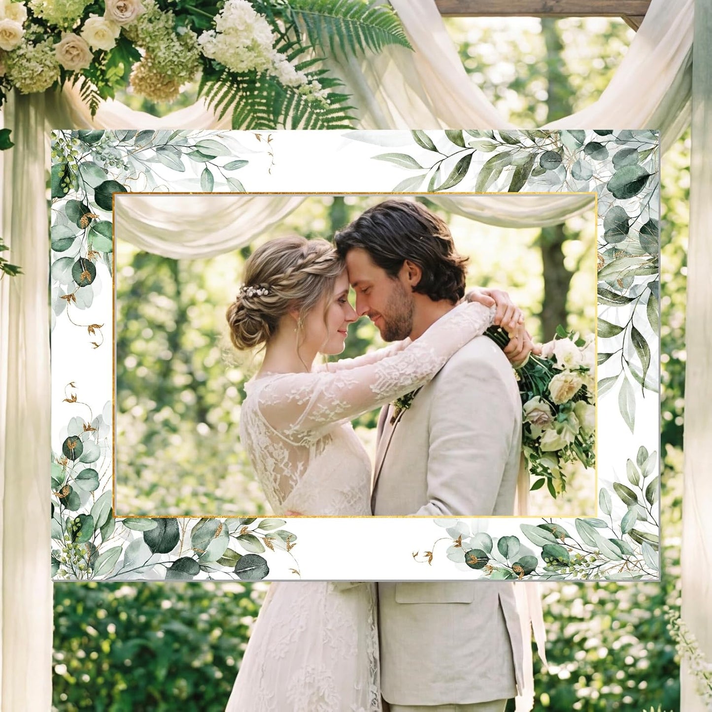 BreezeHug 32 x 24 Inch Large Wedding Photo Booth Props Frame DIY PVC Cutouts Photo Booth Selfie Frame for Wedding Bridal Shower Baby Shower Anniversary Party Supplies Decorations(Eucalyptus)