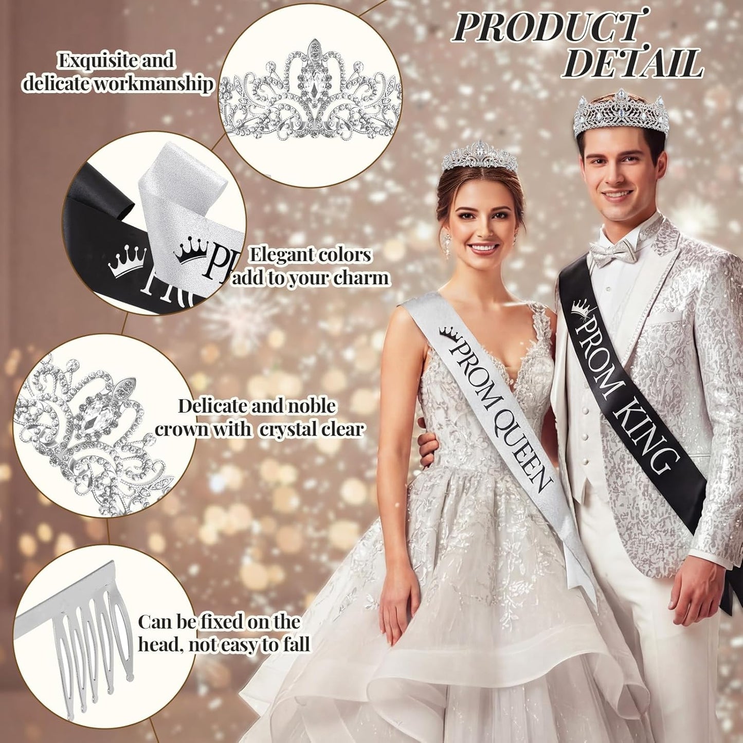 Lyrow 4 Pcs Prom King and Queen Crown Set, Prom King Crown with Sash for Graduation, Queen Tiara with Sash for Grad Couple Accessories Homecoming Birthday Party(Cute,Black,White)