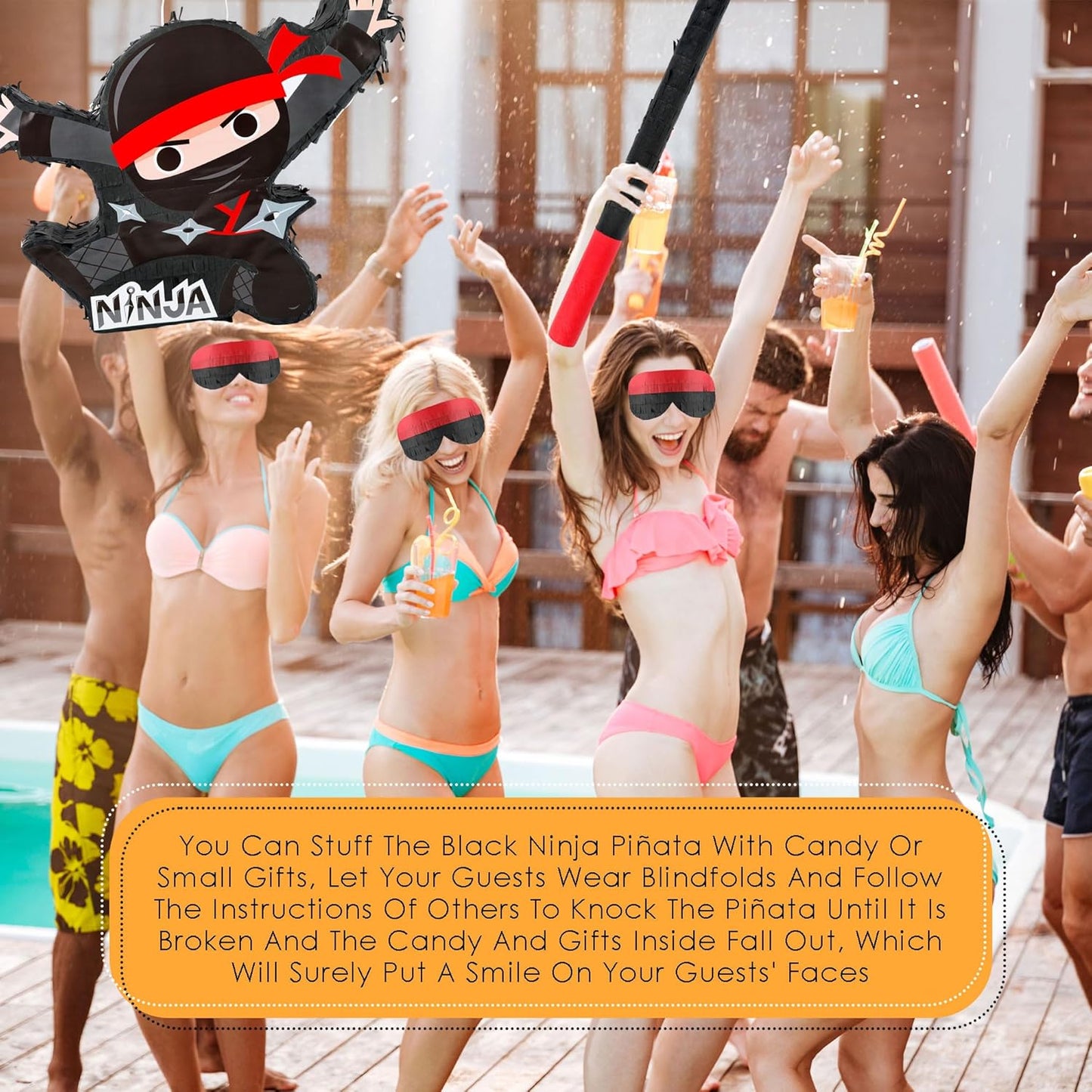 Ninja-Themed Piñata Black Ninja Pinata Bundle Paper Cool Warrior Design Pinata with Stick Blindfold Confetti for Birthday Party Decor Props