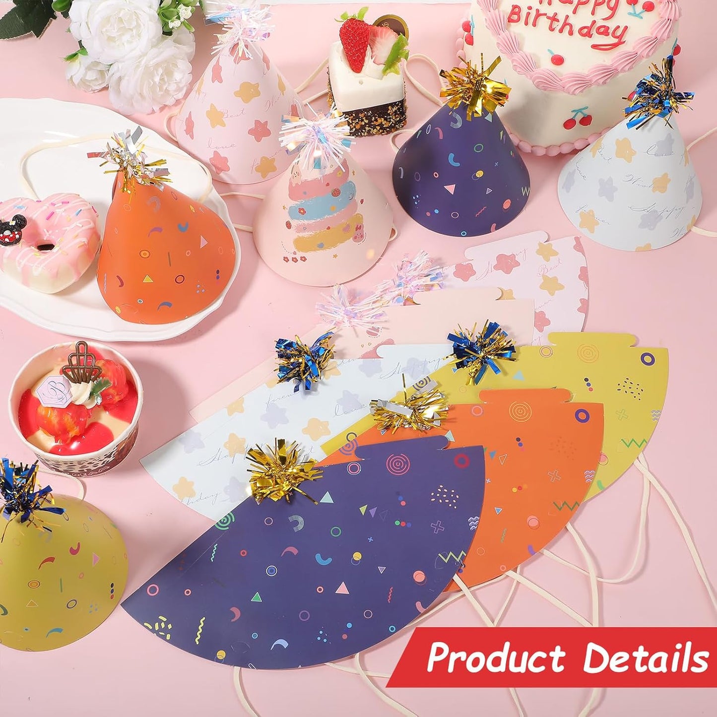 12 PCS Party Hats, Birthday Paper Cone Hat with Glitter Pompoms, Paper Party Headwear for Adults Kids Celebration